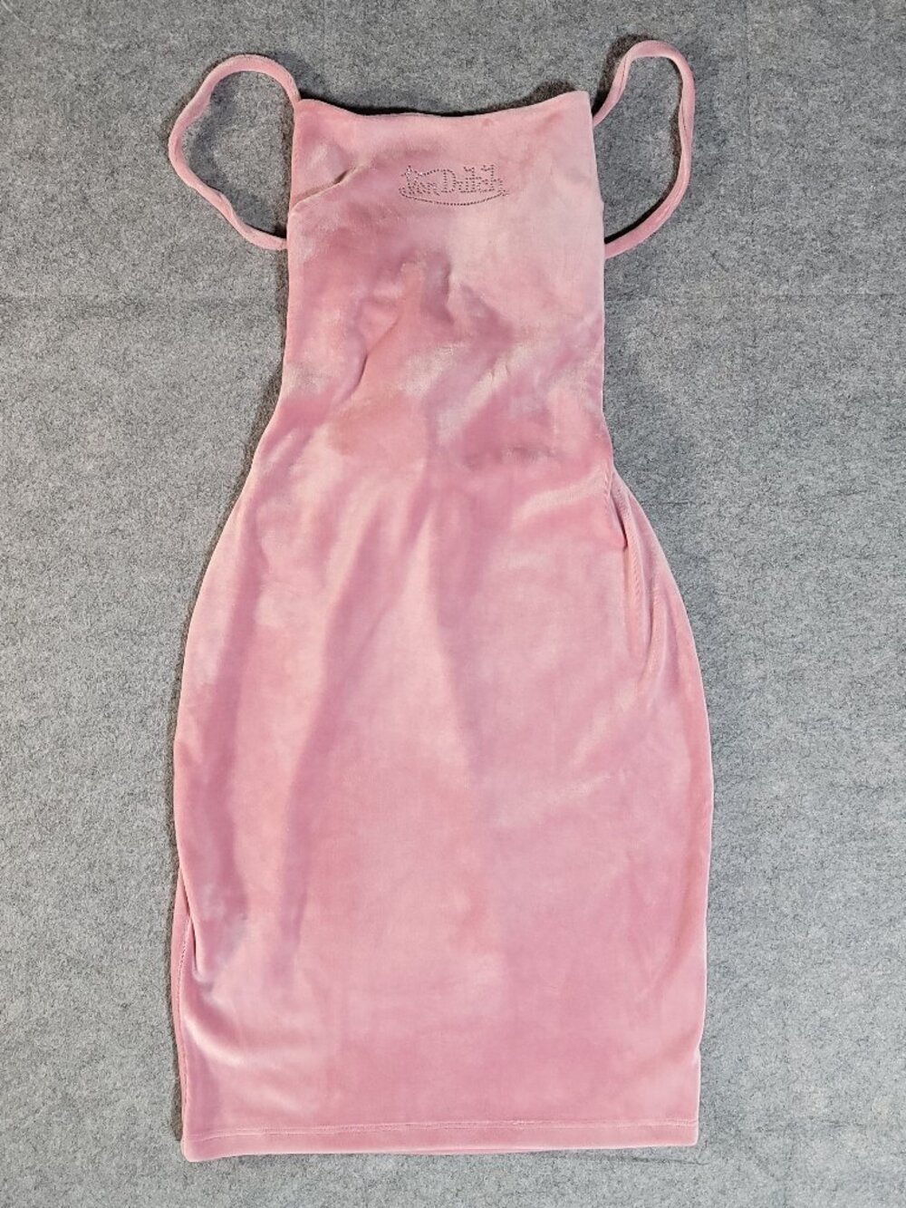 Von Dutch Pink Velour Rhinestone Lace-Up Open Back Mini Dress Small Y2K Revival